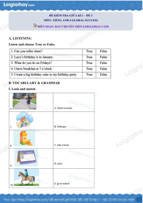 Đề thi giữa kì 1 Tiếng Anh 4 Global Success - Đề số 3